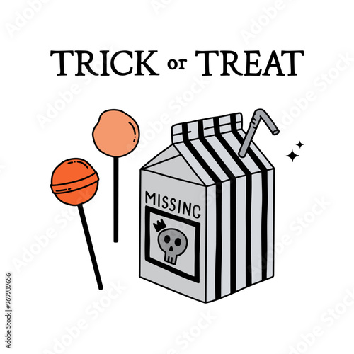 Trick or Treat vector hand drawn illustration with milk and lollipops. Happy Halloween illustation for posters, banners, internet posts and your other designs