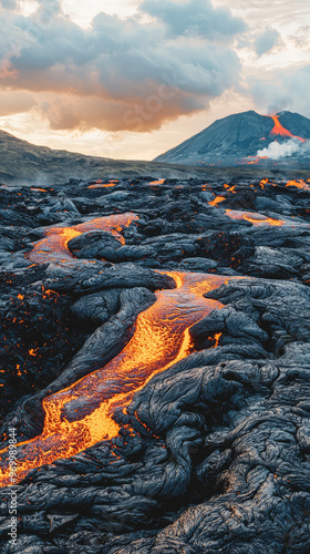 Lava flows across volcanic landscape, showcasing natures raw power and beauty