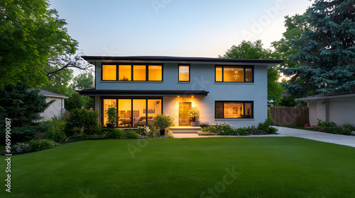 A contemporary suburban home with a sleek design large windows and a spacious backyard set in a quiet neighborhood. photo