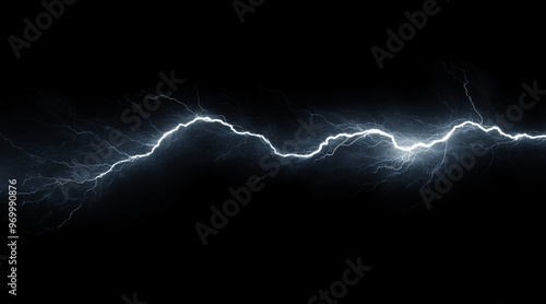 Dynamic lightning bolt frozen in mid-strike isolated on a black background. Weather phenomena isolated on white. Photo realistic photo. 