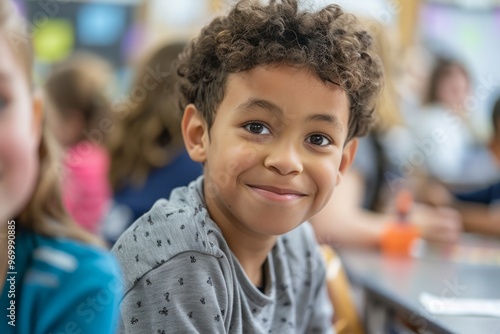 The boy smiles and sits in a classroom with other children. He is very happy about the new school year