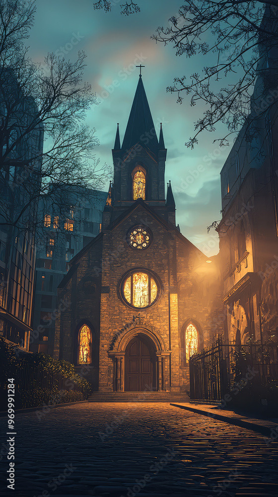 A serene depiction of historic church with beautiful stained glass windows A serene depiction of historic church with beautiful stained glass windows