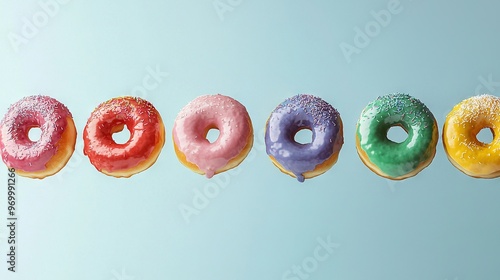   Doughnuts on Blue Background - Row of varied toppings arranged vertically on a blue backdrop photo