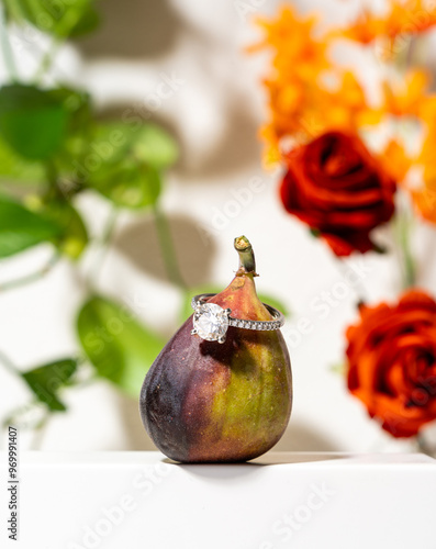 diamond engagement ring on a fig with colorful flowers and plants