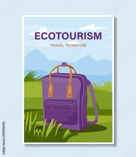 Ecotourism travel to nature poster. Purple backpack at lawn in sunny day. Brochure and leaflet. Active lifestyle. Trip and tourism. Hiking and camping. Flat vector illustration