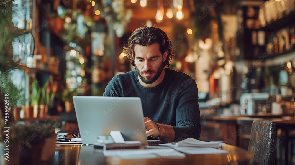 A man is sitting at a table with a laptop in front of him A man is sitting at a table with a laptop in front of him