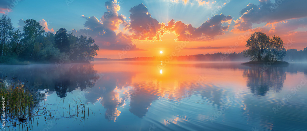 Obraz premium Summer Sunrise Over Lake Panorama