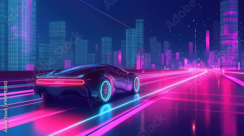 Futuristic car driving through neon cityscape.