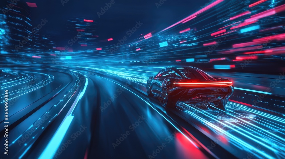 Fototapeta premium Futuristic Car Speeding Through Neon City.