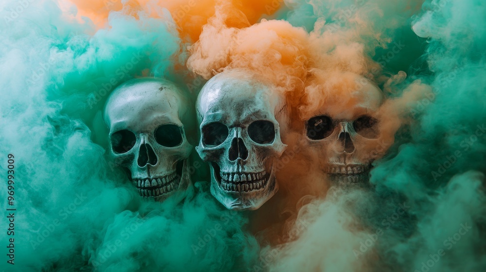 Three skulls shrouded in colorful smoke, eerie Three skulls shrouded in colorful smoke, eerie