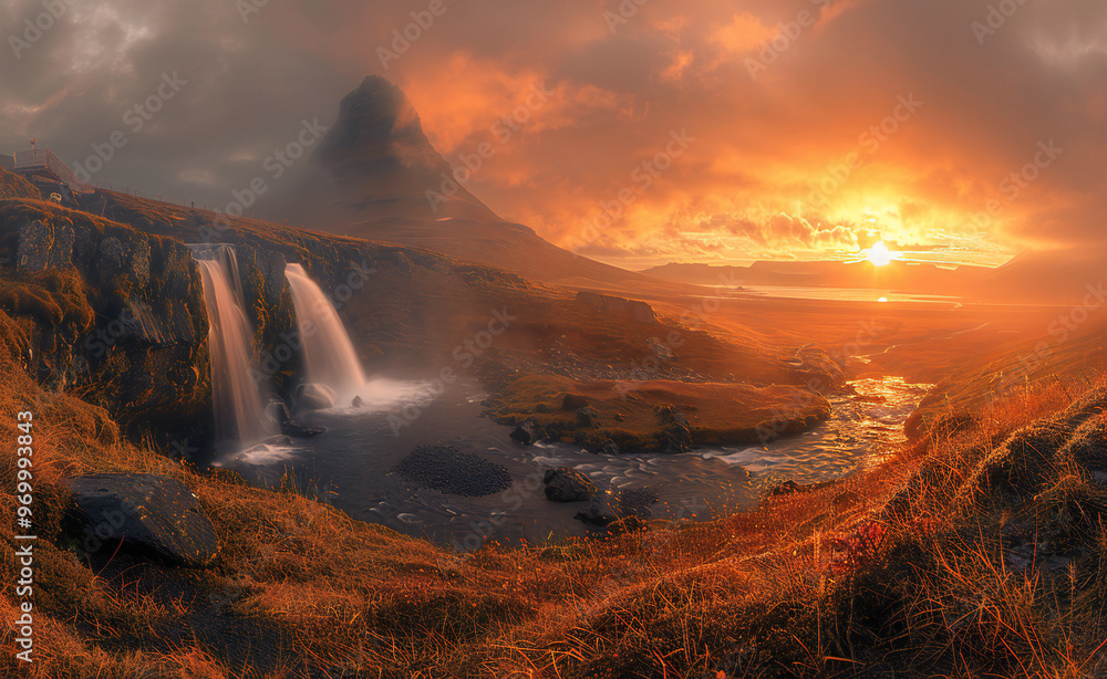 Fototapeta premium Sunrise at Kirkjufellsfoss Waterfall, Kirkjufell Mountain, Iceland