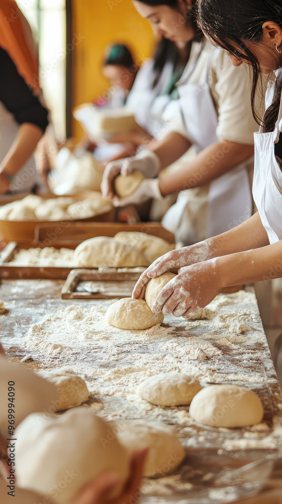 A serene view of bread making workshop with participants engaged in kneading dough A serene view of bread making workshop with participants engaged in kneading dough