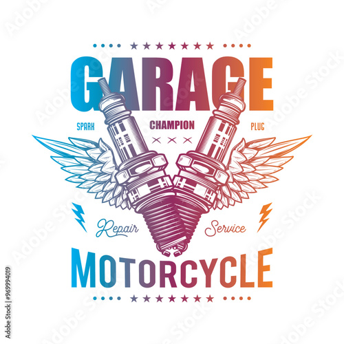 Retro poster with wings and spark plugs. Original vector illustration in vintage style isolated on white background. T-shirt design. photo