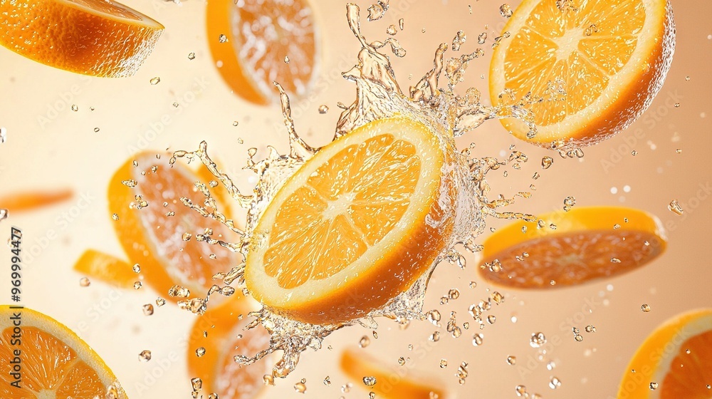 Oranges drop into glass with water on sides Slices appear Oranges drop into glass with water on sides Slices appear