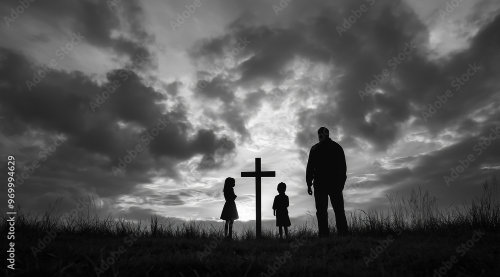 Fototapeta premium Family looking christian cross silhouette