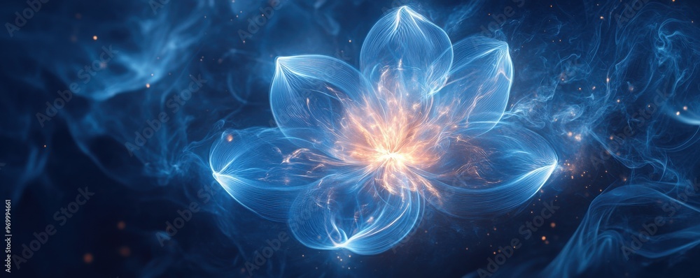 Obraz premium Abstract luminous flower with glowing petals on a dark blue gradient background