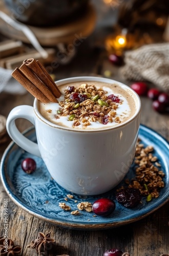 Warm beverage with granola and cinnamon served in a cozy setting during autumn