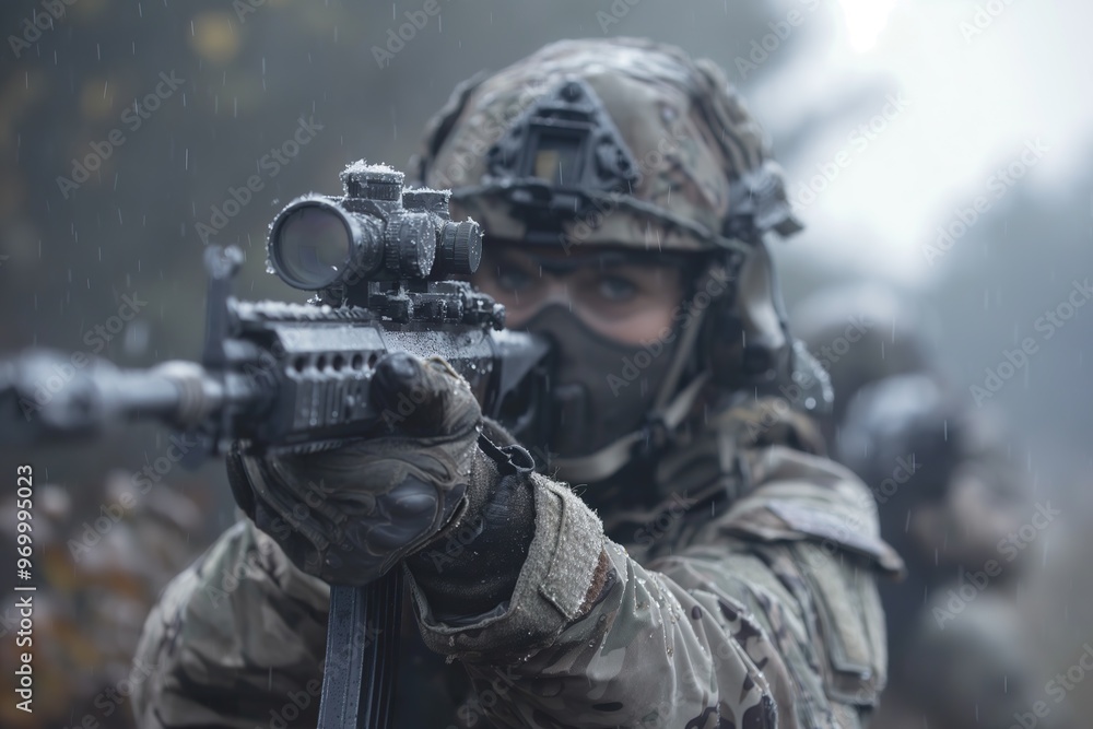 Soldier aiming rifle during a winter training exercise in a forest, demonstrating readiness and teamwork in adverse conditions Soldier aiming rifle during a winter training exercise in a forest, demonstrating readiness and teamwork in adverse conditions