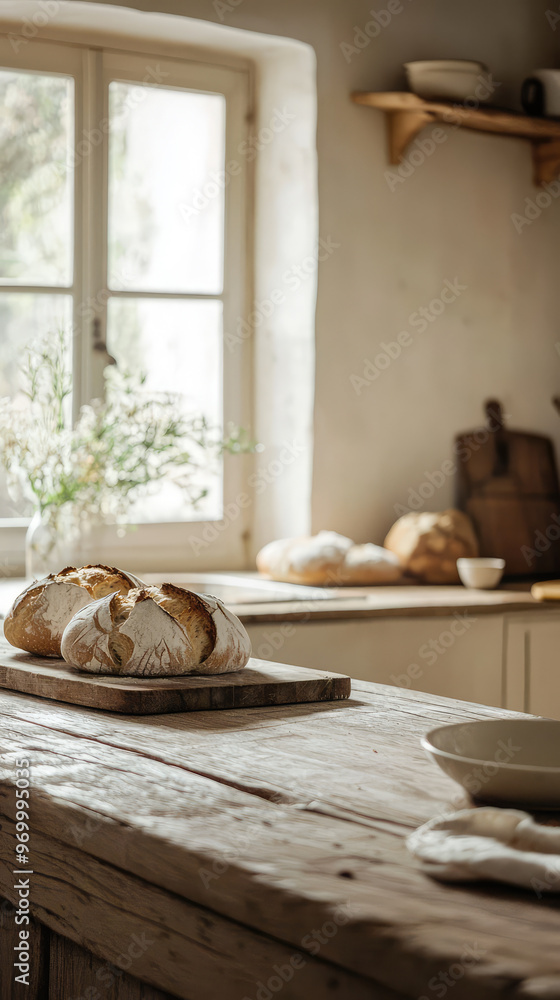 A serene view of rustic kitchen with bread rising on table, creating warm atmosphere A serene view of rustic kitchen with bread rising on table, creating warm atmosphere
