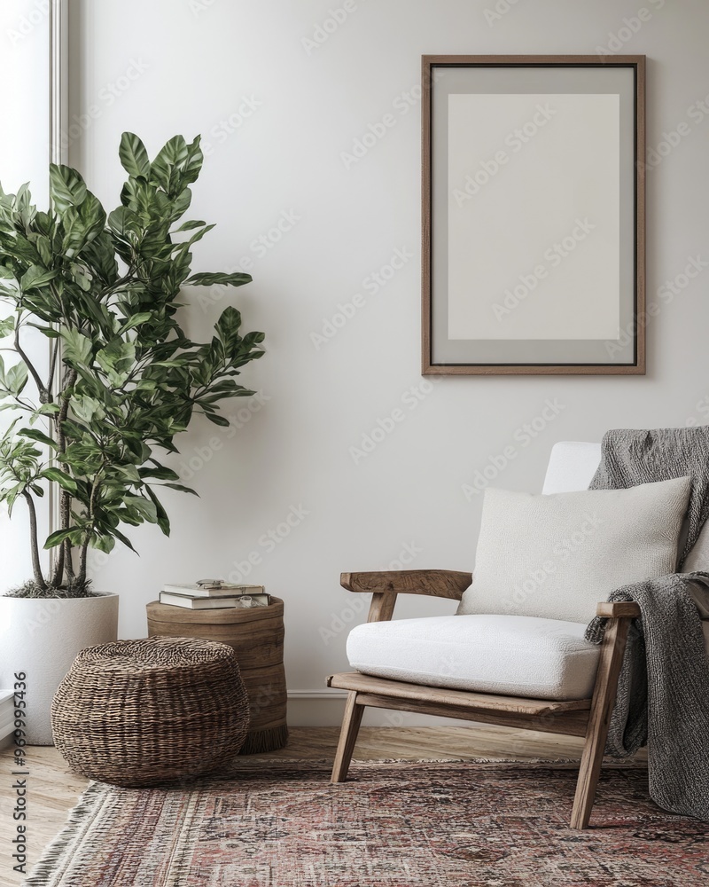 Minimalist Scandinavian Interior with Poster Frame Mock-Up in a Stylish White Room Minimalist Scandinavian Interior with Poster Frame Mock-Up in a Stylish White Room