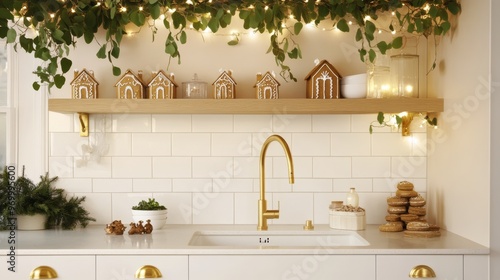 Charming holiday kitchen adorned with festive greenery and decorative gingerb...