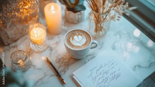 A cozy coffee setting with candles, flowers, and handwritten notes on a marbl...