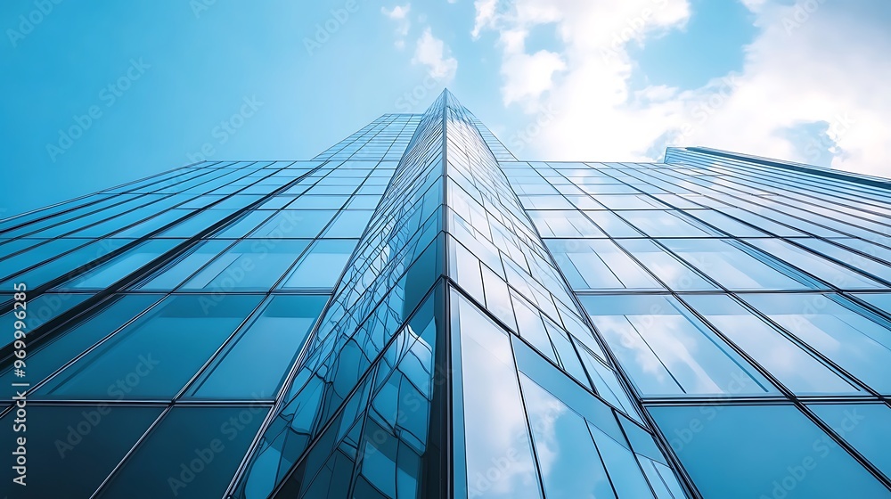 Low angle view of modern glass skyscraper with blue sky and clouds Low angle view of modern glass skyscraper with blue sky and clouds