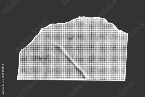 Halftone collage element isolated on dark background. Torn piece of paper tape with jagged edges. Cut and ripped sheet, vintage crumpled element, template.