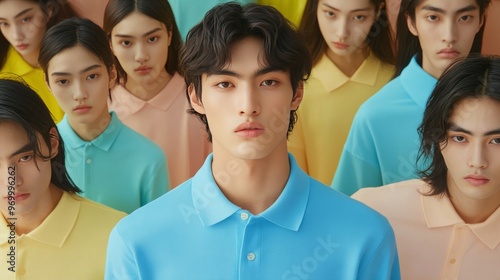 A diverse group of young adults in colorful polo shirts posing together in a ...