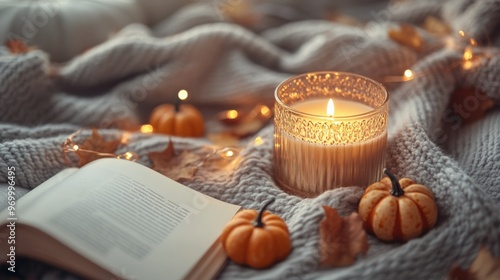Cozy autumn evening with a lit candle, small pumpkins, and a book on a warm k...