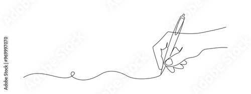 Hand holding pen and writing in one continuous line drawing. Letter and diary concept in simple linear style. School lesson symbol in editable stroke. Doodle hand drawn vector illustration