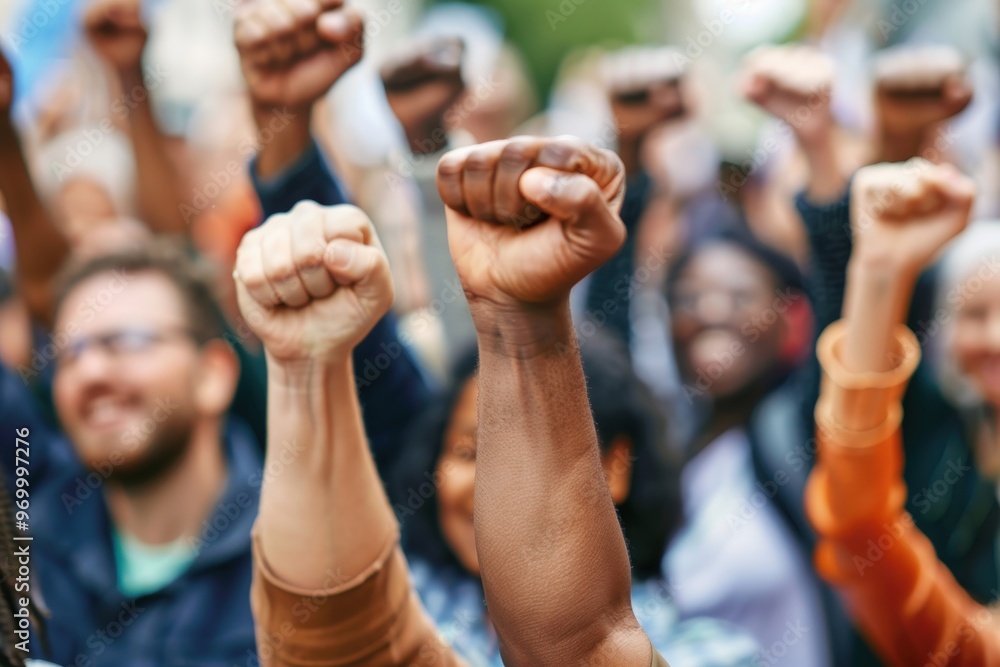 A group of people are holding up their hands in the air, with one woman smiling, generative ai image A group of people are holding up their hands in the air, with one woman smiling, generative ai image