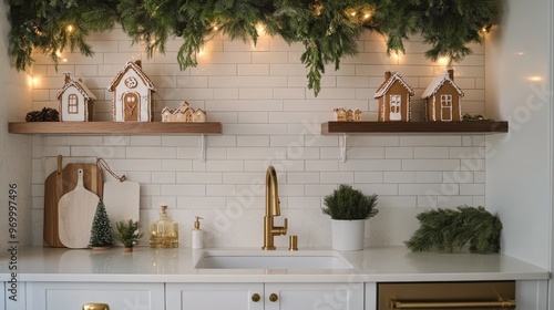 Charming holiday kitchen adorned with festive greenery and decorative gingerb...