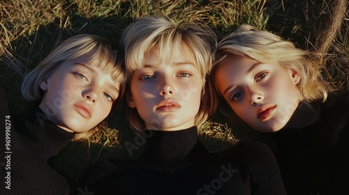 Three young girls in black turtlenecks lying on grass with autumn leaves in t...
