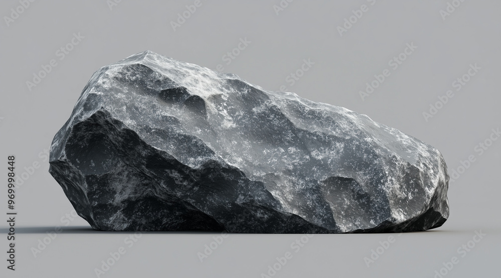 Fototapeta premium A large grey rock sits on a grey background all by itself. isolated on a solid gray background. Illustrations 