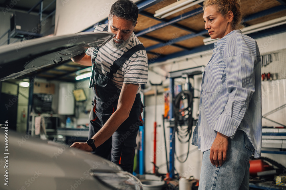 Customer and technician looking under car hood at mechanic shop. Customer and technician looking under car hood at mechanic shop.