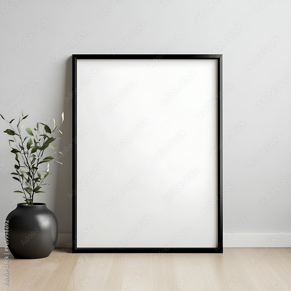 Blank black frame mockup with plant on white wall Blank black frame mockup with plant on white wall