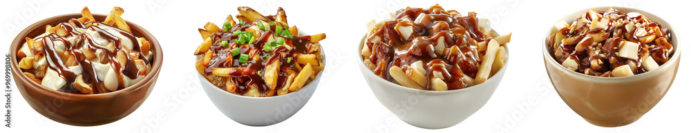 Poutine bowl isolated on transparent background, set of Poutine bowl isolated on transparent background, set of