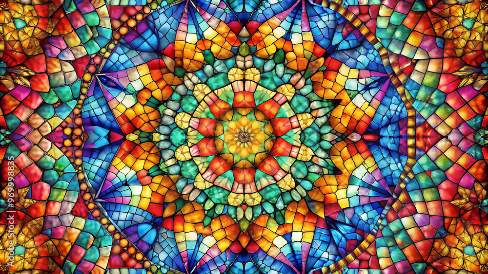 Abstract mosaic glass background, colorful stained glass fragments arranged in a kaleidoscopic pattern, artistic and luminous Abstract mosaic glass background, colorful stained glass fragments arranged in a kaleidoscopic pattern, artistic and luminous