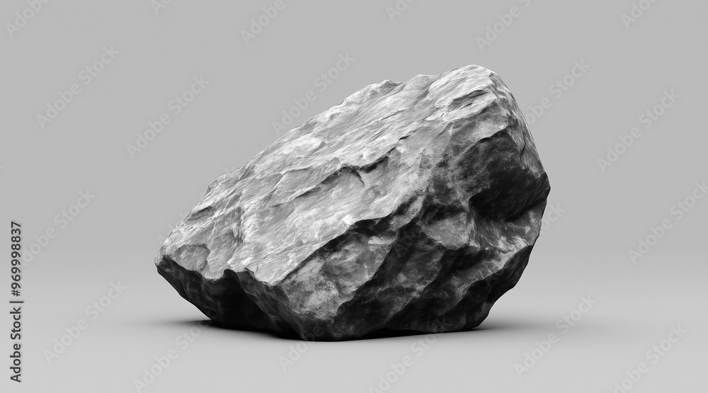 Naklejka premium A large grey rock sits on a grey background all by itself. isolated on a solid gray background. Illustrations 