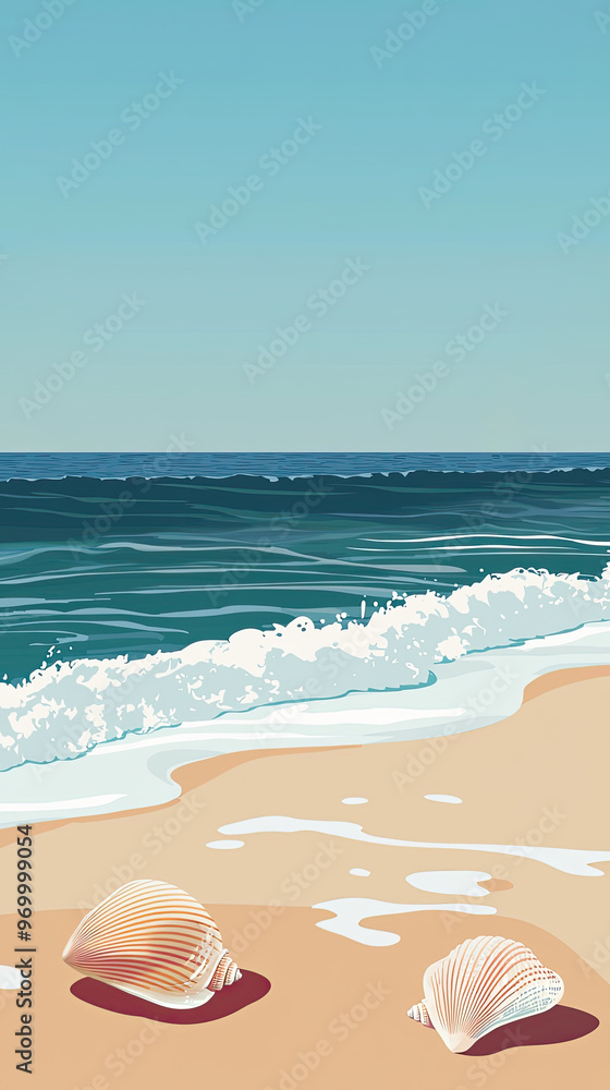 A serene beach scene with gentle waves and seashells on sand A serene beach scene with gentle waves and seashells on sand