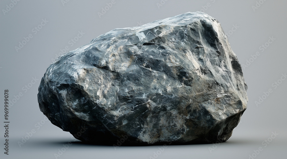 Naklejka premium A large grey rock sits on a grey background all by itself. isolated on a solid gray background. Illustrations 