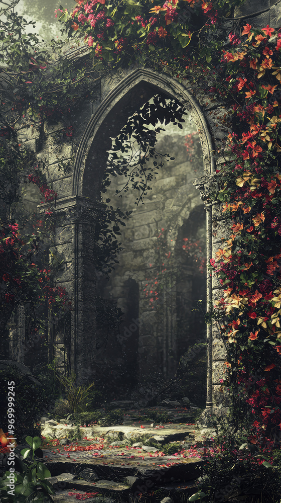 Fototapeta premium Ancient ruin covered in vibrant flowers and greenery, evoking mystery and beauty
