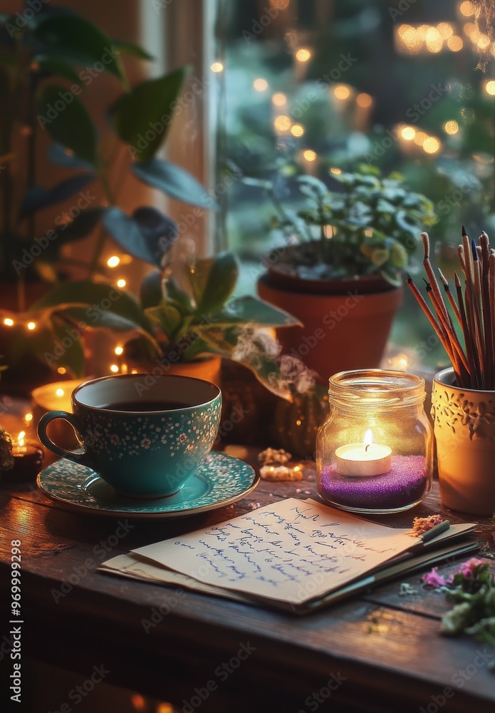 Cozy workspace with plants, warm light, and a cup of coffee during a tranquil evening Cozy workspace with plants, warm light, and a cup of coffee during a tranquil evening