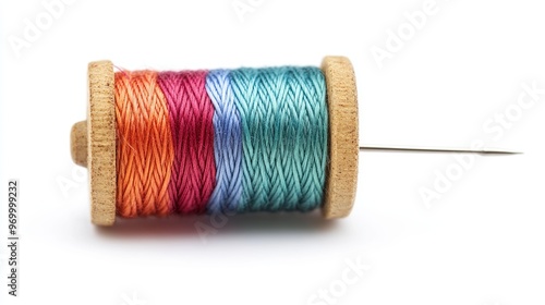 A spool of thread with a needle inserted, set against a white isolated background.
 photo