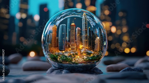 Blending Reality and Fantasy: Transparent Glass Sphere with Miniature City Inside and Glassmorphism Effect