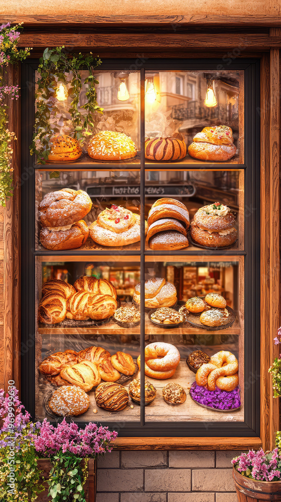 A vibrant bakery window filled with fresh pastries and breads, inviting and warm A vibrant bakery window filled with fresh pastries and breads, inviting and warm