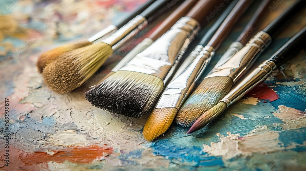 Fototapeta premium Assorted paint brushes resting on a palette, ready to create. The variety of brush sizes and shapes allows for diverse artistic expression