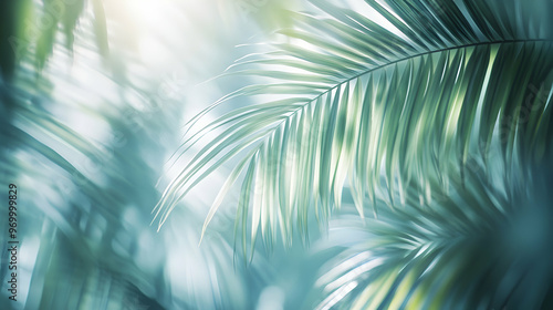 Palm leaves in soft light, a nature background with a tropical feel.