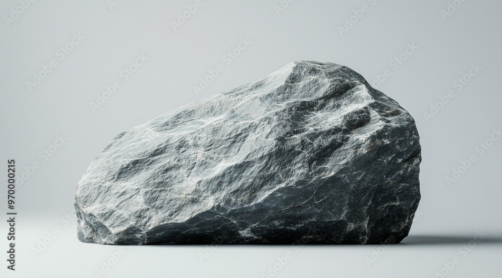 Fototapeta premium A large grey rock sits on a grey background all by itself. isolated on a solid gray background. Illustrations 